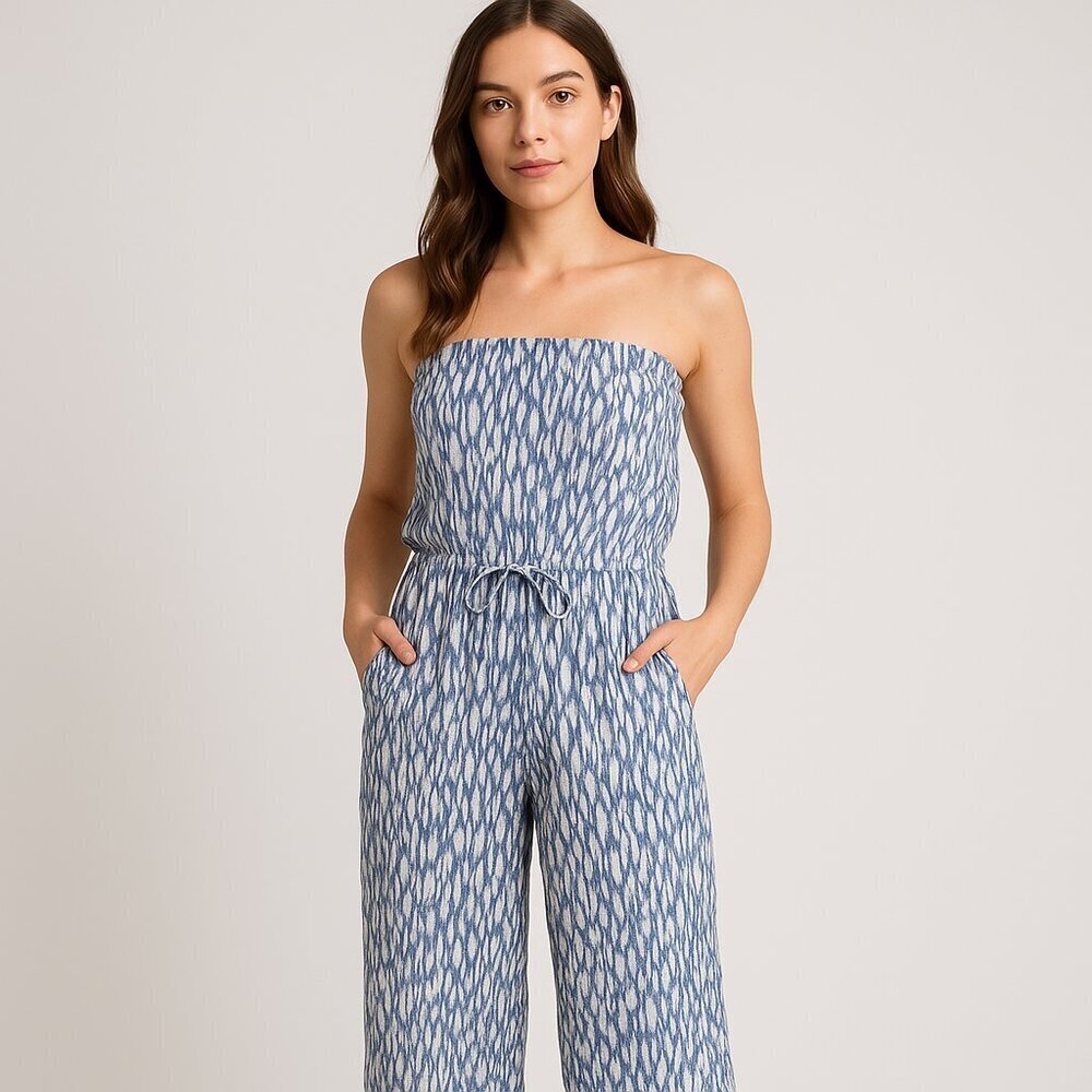 Blue Life Strapless Blue White Printed Romper Size Medium